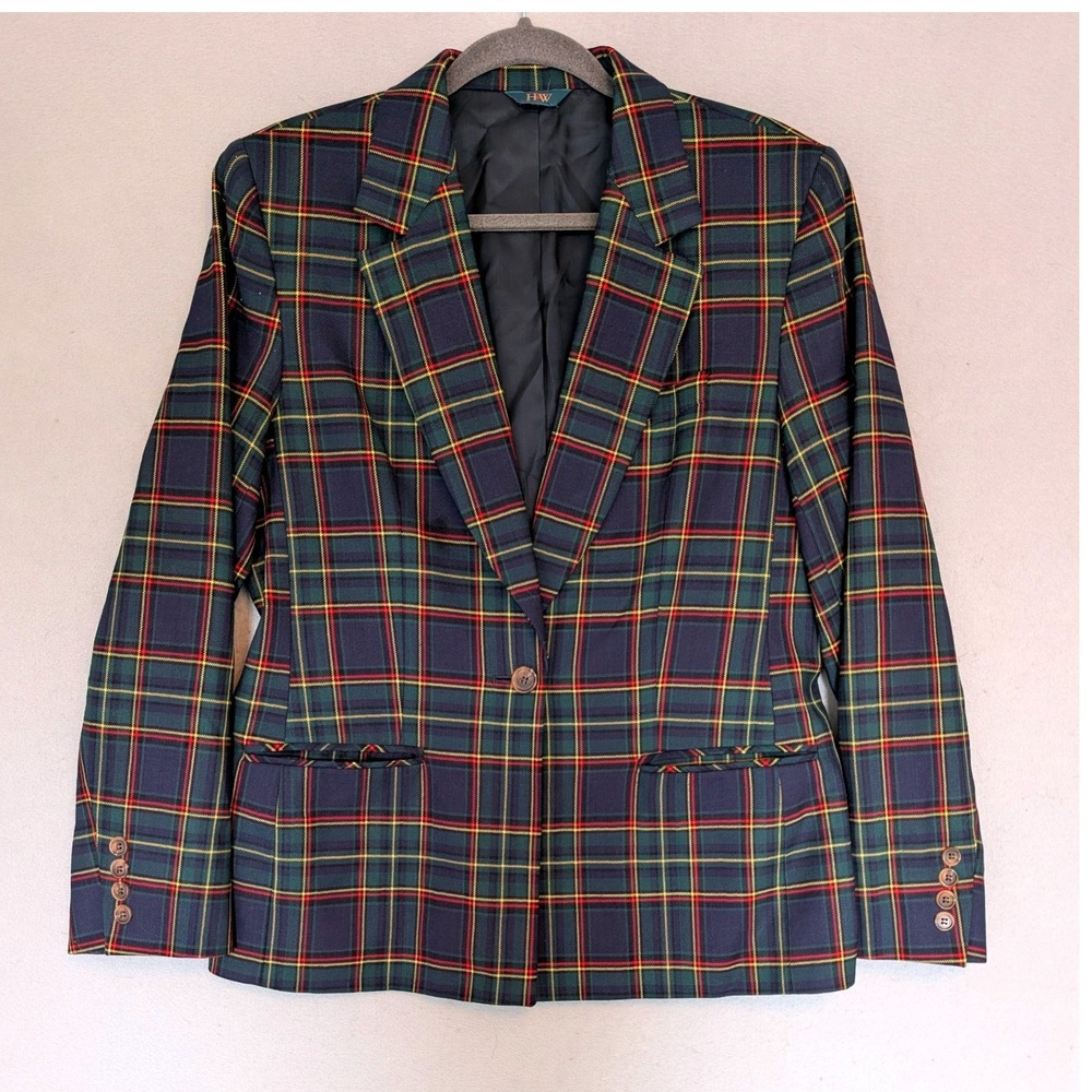 Vtg HW Blazer Green Plaid 100% Wool Tartan Dark Academia Women's 8 Made in USA